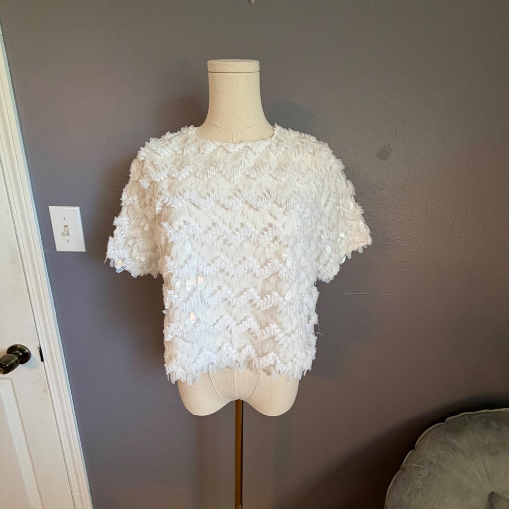 Krush Womens White Sequin Fringe Chevron Short Sleeve Party Blouse Large